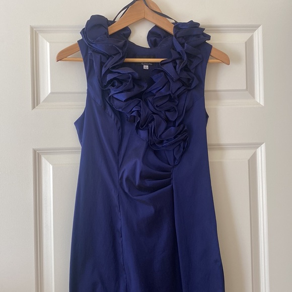 Ruffled V-Neck Metallic Navy Color Dress XSCAPE by Joanna Chen - Picture 5 of 12
